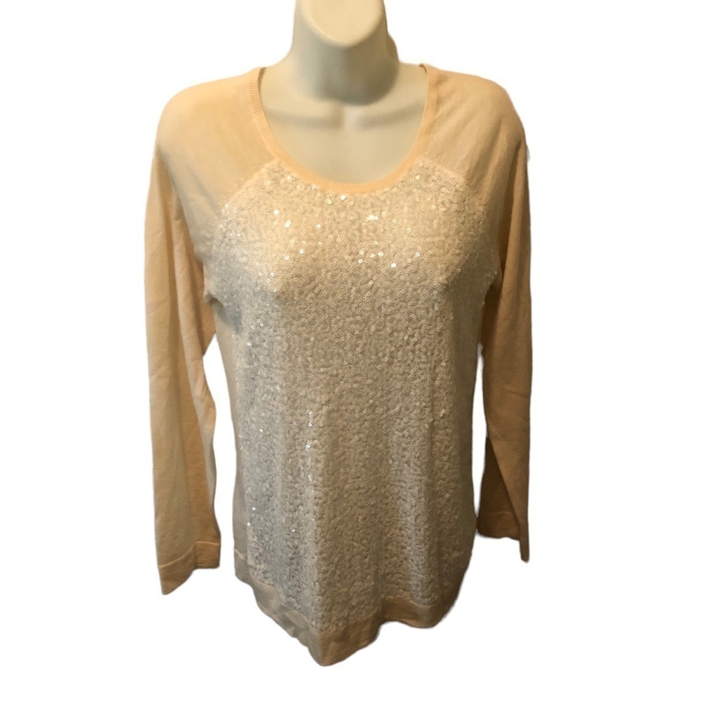 Tommy Bahama Wool Scoop Neck Sweater Sparkly Sequins Long Sleeve Ivory Size M